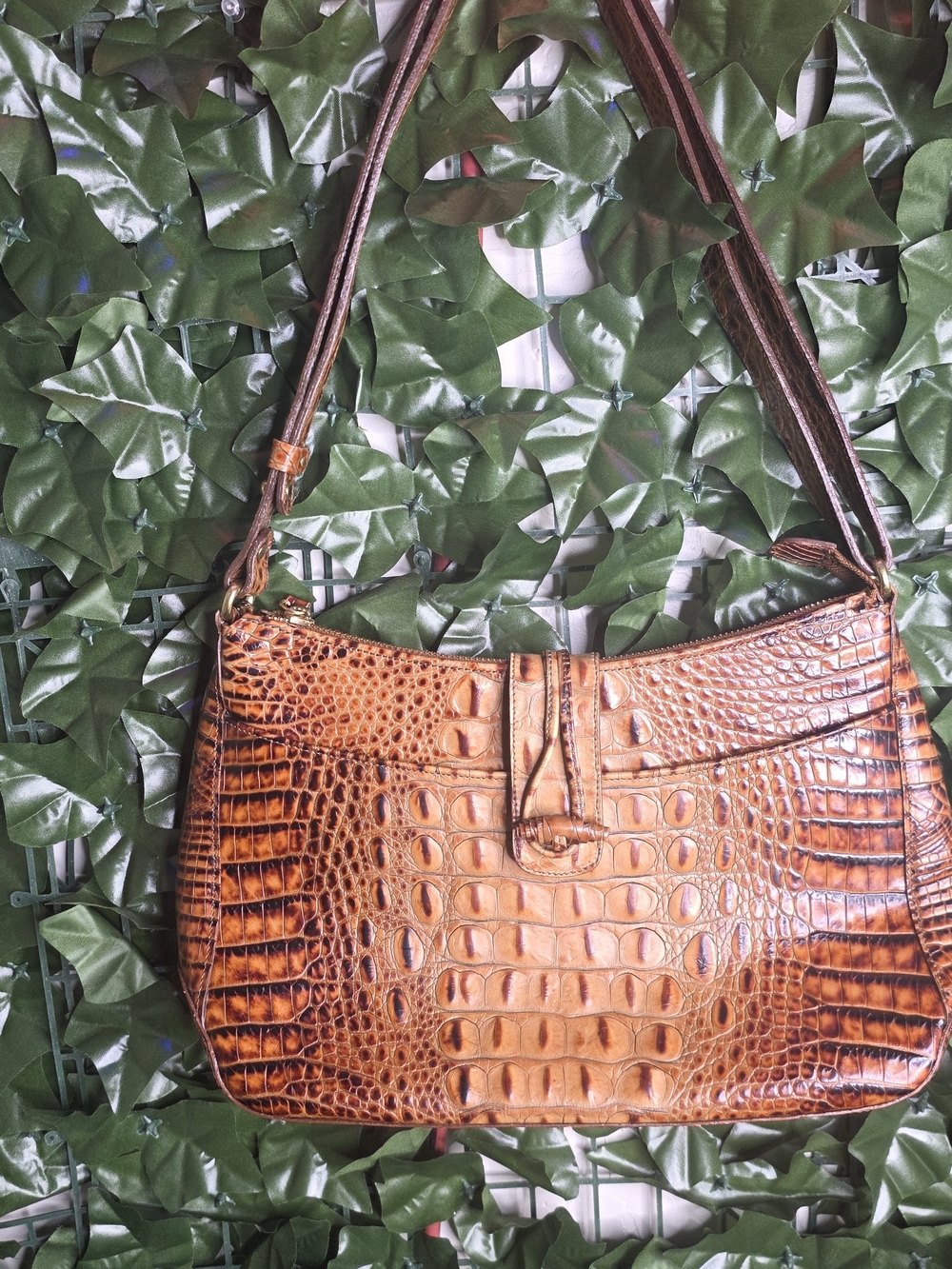 Brahmin Croc-Embossed Leather Shoulder Bag in Brown
